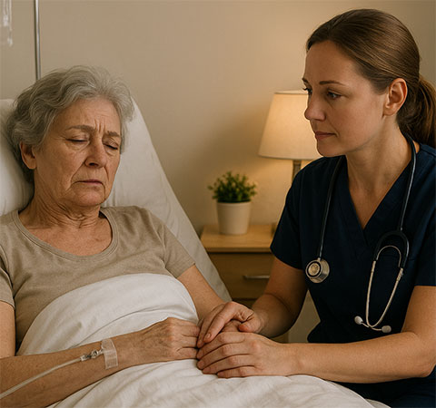 Pflegekraft am Bett einer Patientin der Palliativpflege